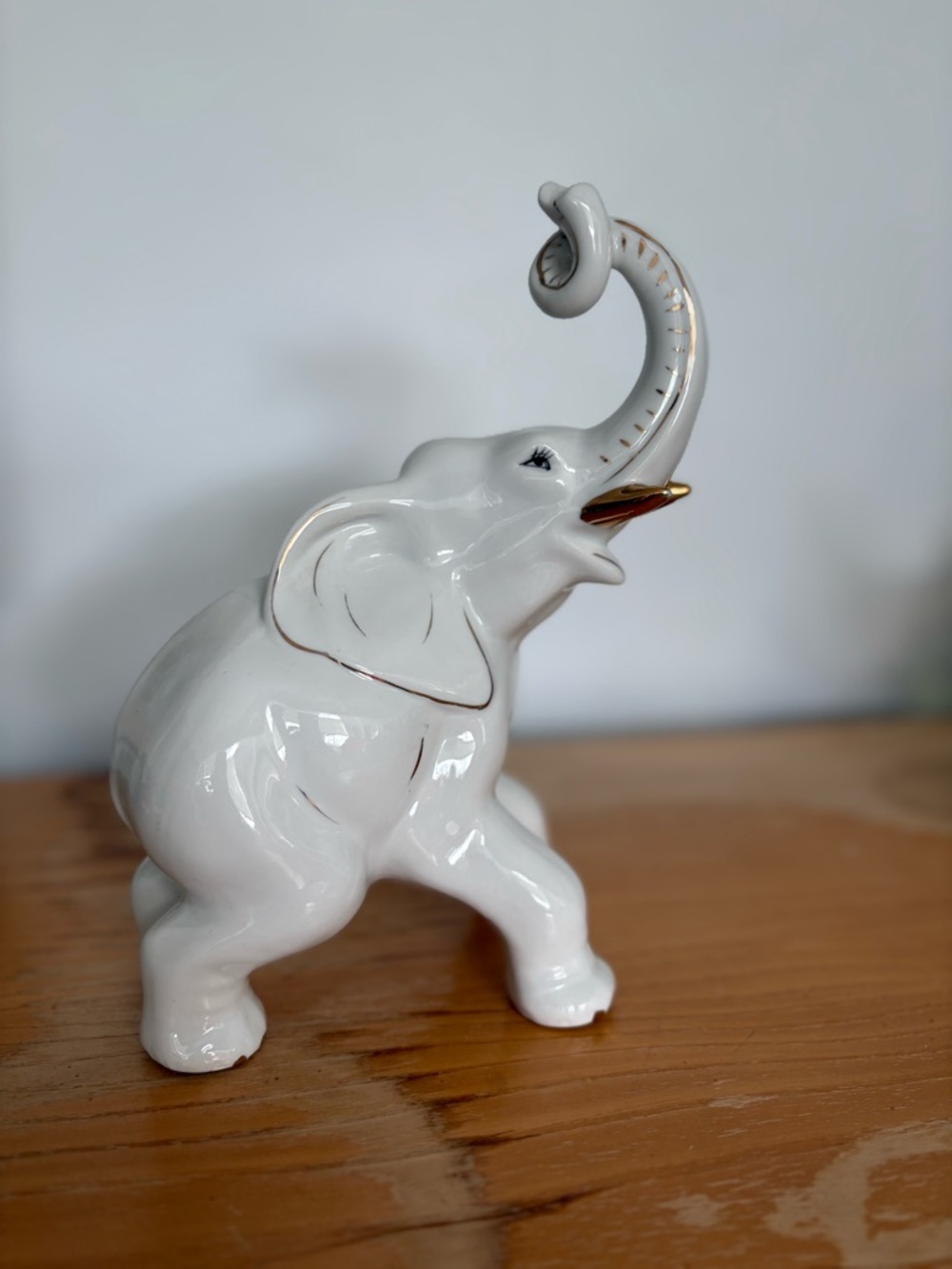 Vintage White Porcelain Elephant Figurine with Gold Accents